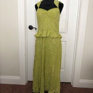 Land Of The Bee Lime‎ Ivory Dress With Floral Pattern & Ruffle Trim Size Large